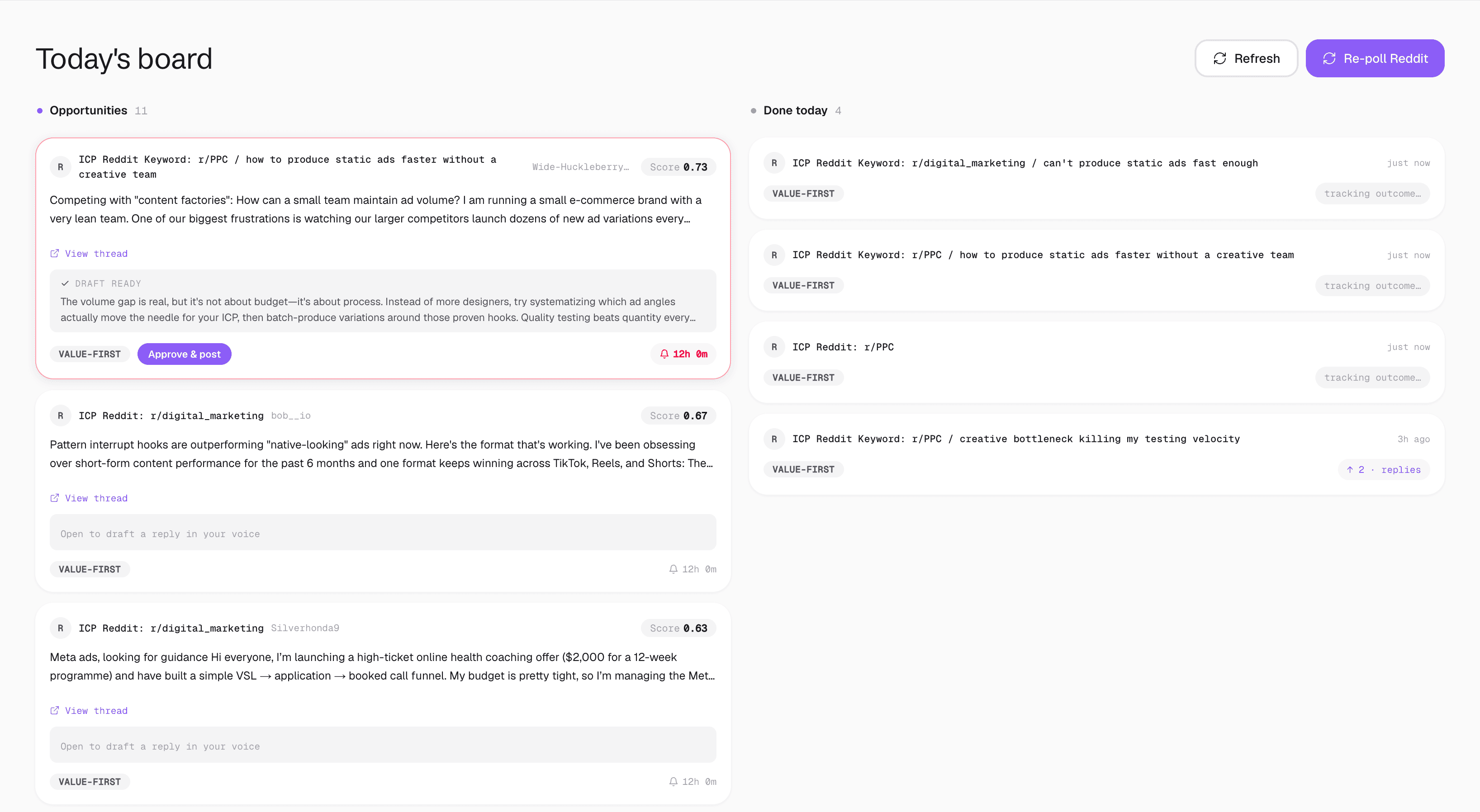 Disvia dashboard — today's board of scored Reddit opportunities with drafts